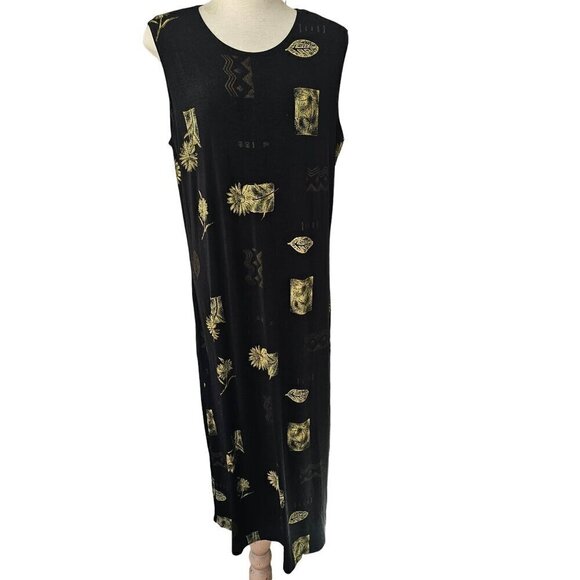 Es Se Stretch Nylon Knit Black Maxi Dress Plus 1XL Gold Foral Print Slveless 90s - Picture 6 of 11